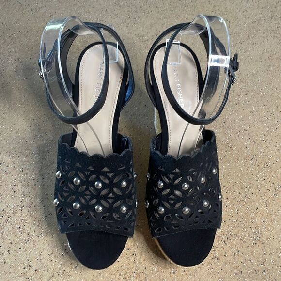 Marc Fisher "Hata" Espadrille Wedge Studded Sandals Black Suede sz 8 - Picture 4 of 16